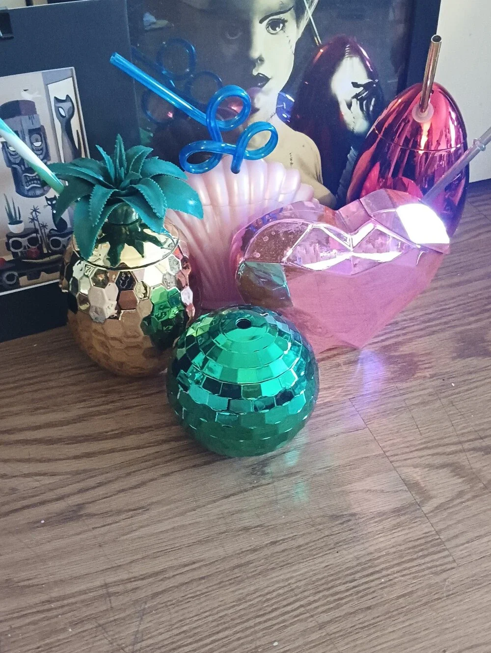 Party Pineapple, Heart Metallic, Seashell Drink Tumbler Set - Pink, Gold, Green